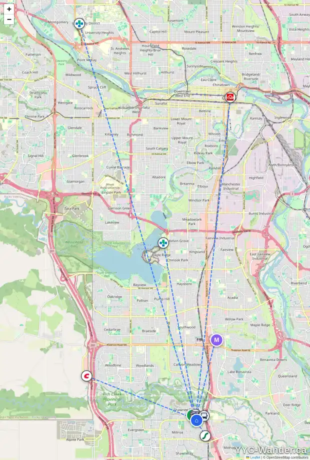Daily accessibility map for 1007 14645 6 ST SW, Calgary showing nearby schools, grocery stores, parks, LRT stations and nearby amenities