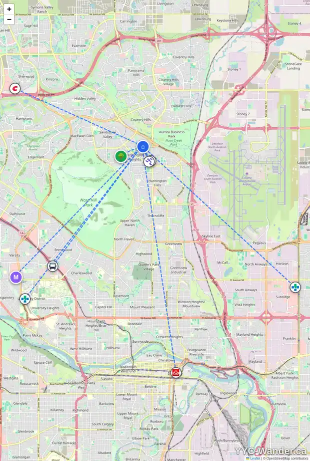 Daily accessibility map for 39 BERNARD PL NW, Calgary showing nearby schools, grocery stores, parks, LRT stations and nearby amenities