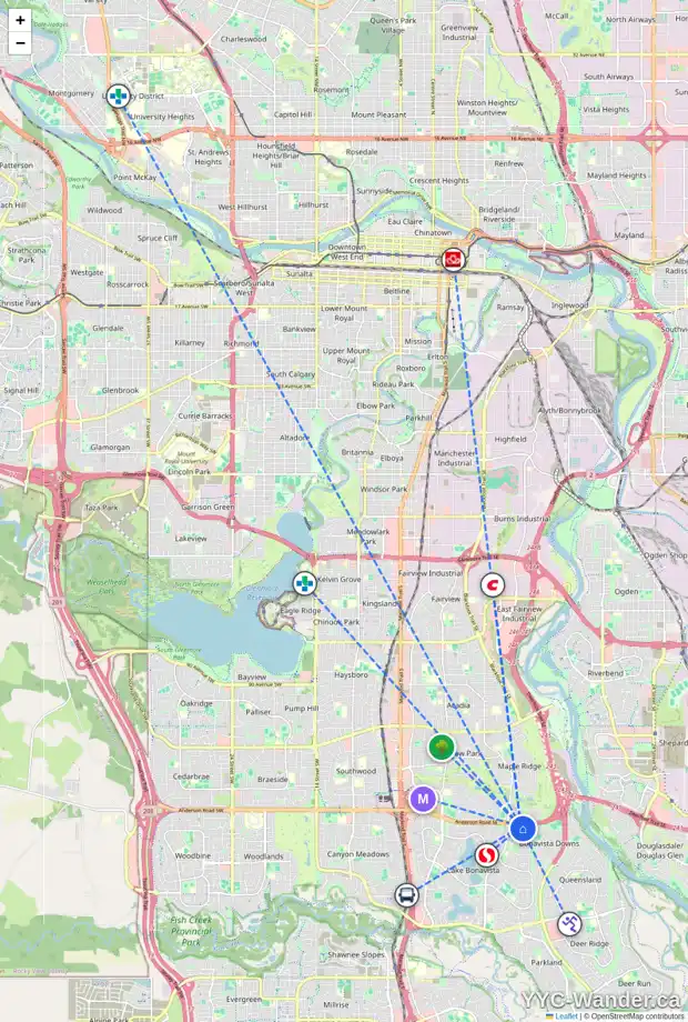 Daily accessibility map for 115 LAKE WAPTA RI SE, Calgary showing nearby schools, grocery stores, parks, LRT stations and nearby amenities