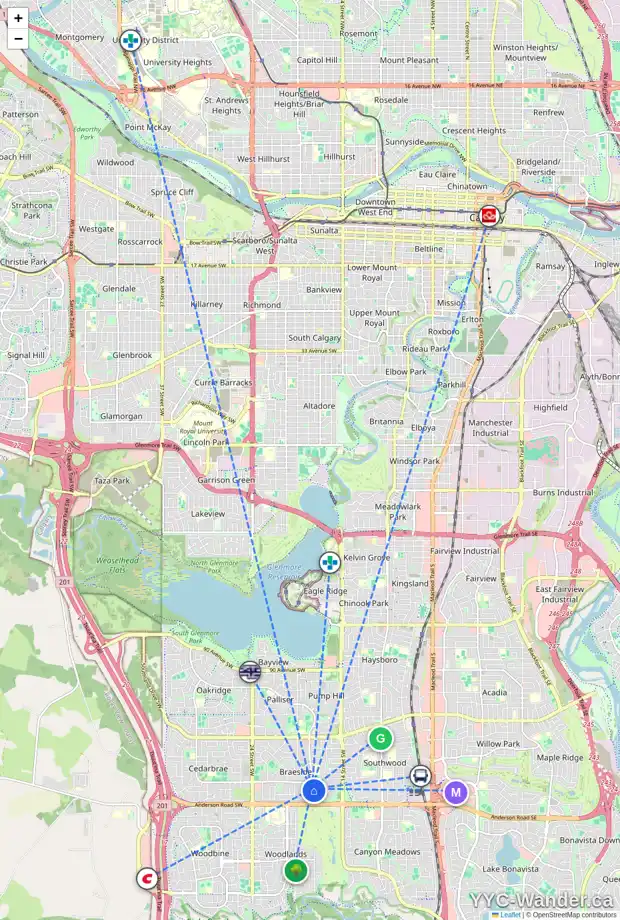 Daily accessibility map for 11223 BRANIFF RD SW, Calgary showing nearby schools, grocery stores, parks, LRT stations and nearby amenities