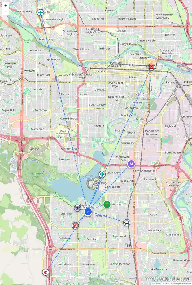 Daily accessibility map for 2203 PALISWOOD PL SW, Calgary showing nearby schools, grocery stores, parks, LRT stations and nearby amenities