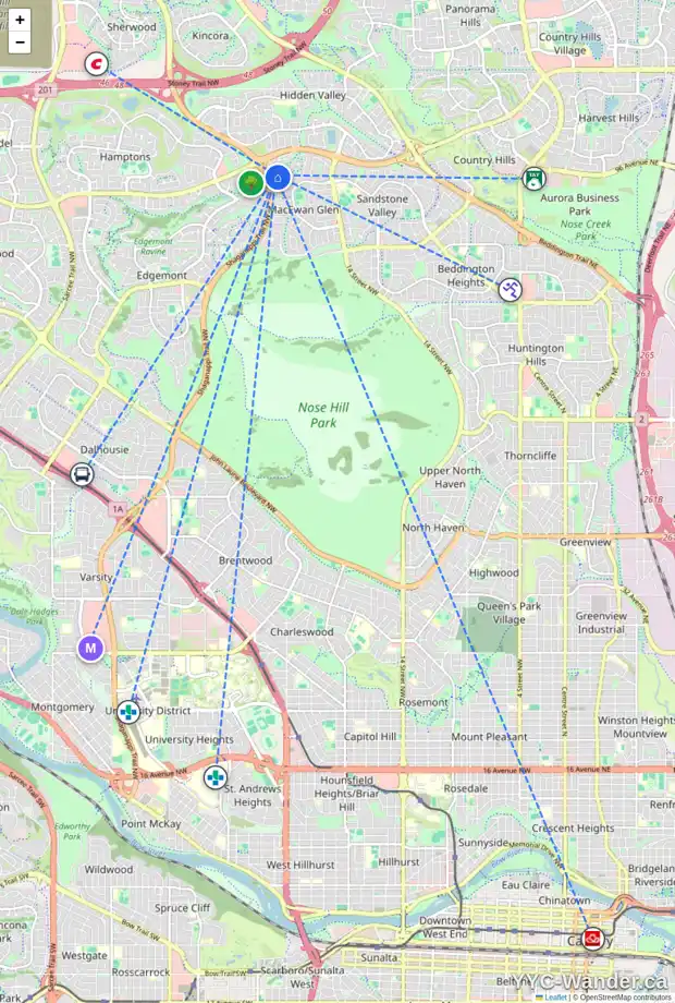 Daily accessibility map for 40 MACEWAN RIDGE VW NW, Calgary showing nearby schools, grocery stores, parks, LRT stations and nearby amenities