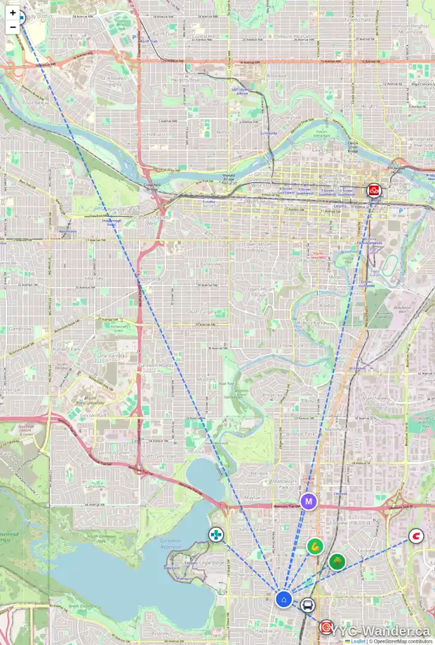 Daily accessibility map for 727 HERITAGE DR SW, Calgary showing nearby schools, grocery stores, parks, LRT stations and nearby amenities