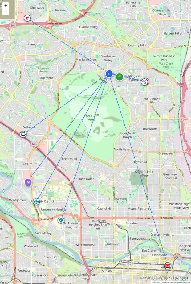 Daily accessibility map for 15 BEARBERRY CR NW, Calgary showing nearby schools, grocery stores, parks, LRT stations and nearby amenities