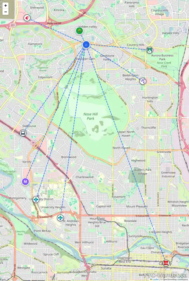 Daily accessibility map for 30 MACEWAN RIDGE PL NW, Calgary showing nearby schools, grocery stores, parks, LRT stations and nearby amenities