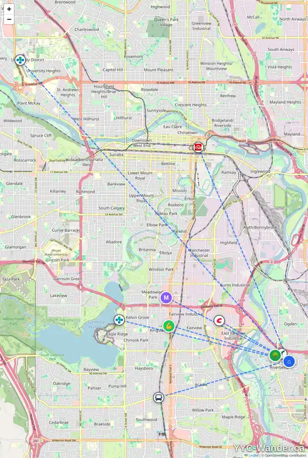 Daily accessibility map for 149 RIVERGLEN CL SE, Calgary showing nearby schools, grocery stores, parks, LRT stations and nearby amenities