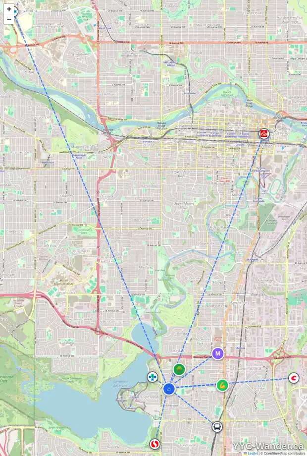 Daily accessibility map for 1320 73 AV SW, Calgary showing nearby schools, grocery stores, parks, LRT stations and nearby amenities
