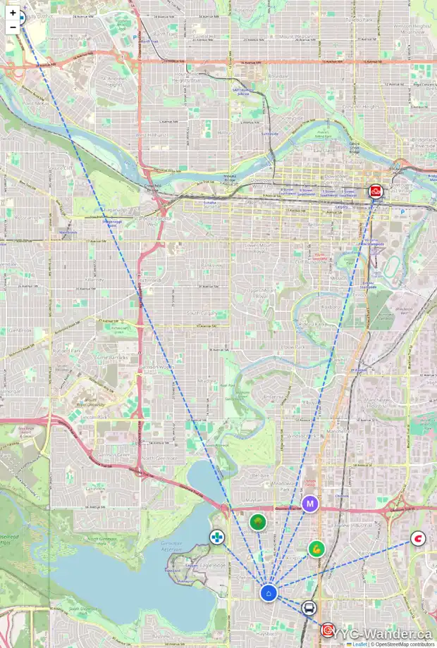 Daily accessibility map for 81 CHINOOK DR SW, Calgary showing nearby schools, grocery stores, parks, LRT stations and nearby amenities