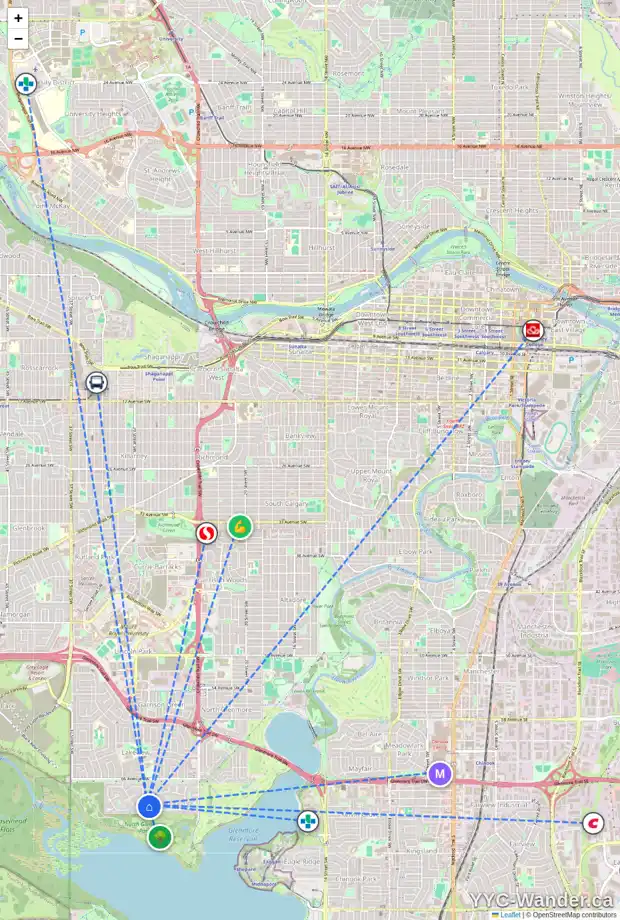 Daily accessibility map for 6972 LEASIDE DR SW, Calgary showing nearby schools, grocery stores, parks, LRT stations and nearby amenities