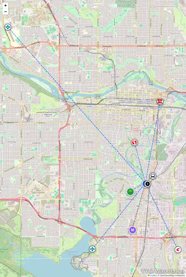 Daily accessibility map for 202 43 AV SW, Calgary showing nearby schools, grocery stores, parks, LRT stations and nearby amenities