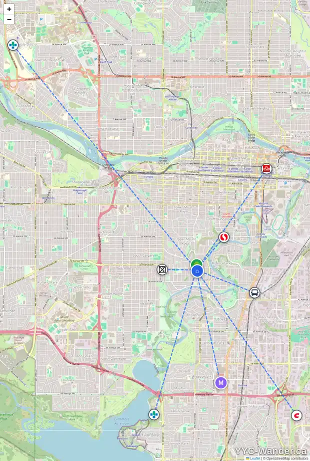 Daily accessibility map for 3613 7A ST SW, Calgary showing nearby schools, grocery stores, parks, LRT stations and nearby amenities