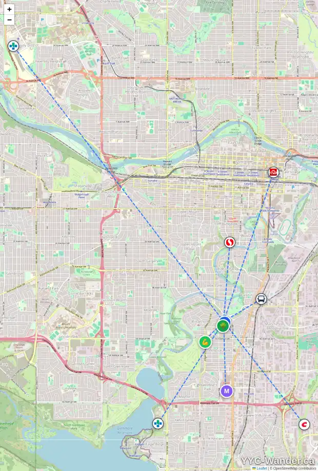 Daily accessibility map for 512 46 AV SW, Calgary showing nearby schools, grocery stores, parks, LRT stations and nearby amenities