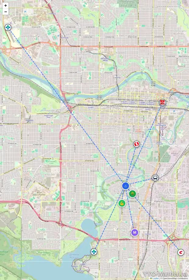Daily accessibility map for 4303 ELBOW DR SW, Calgary showing nearby schools, grocery stores, parks, LRT stations and nearby amenities