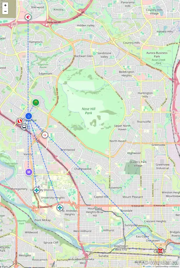 Daily accessibility map for 6039 DALFORD HL NW, Calgary showing nearby schools, grocery stores, parks, LRT stations and nearby amenities