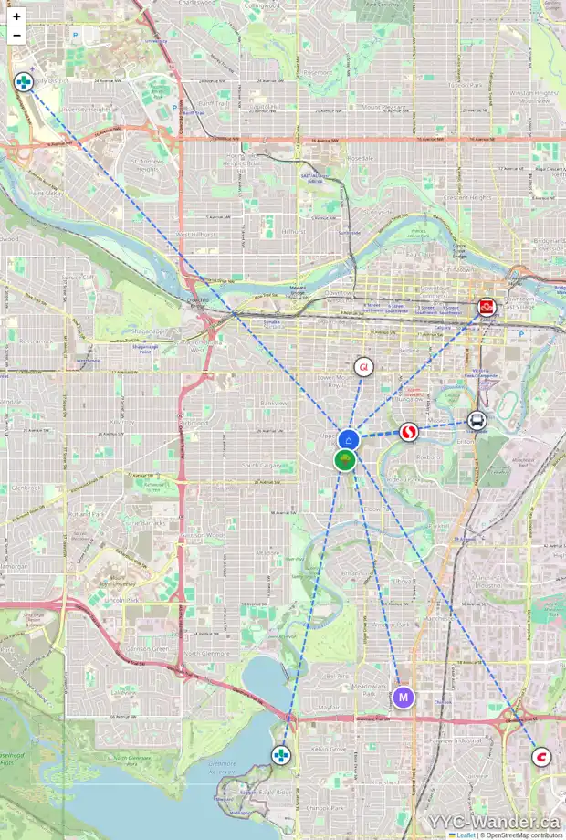Daily accessibility map for 1018 FRONTENAC AV SW, Calgary showing nearby schools, grocery stores, parks, LRT stations and nearby amenities