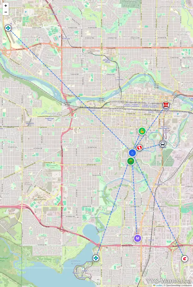 Daily accessibility map for 716 ELBOW DR SW, Calgary showing nearby schools, grocery stores, parks, LRT stations and nearby amenities