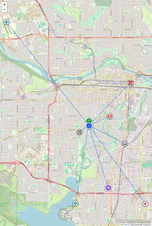 Daily accessibility map for 1106 PREMIER WY SW, Calgary showing nearby schools, grocery stores, parks, LRT stations and nearby amenities