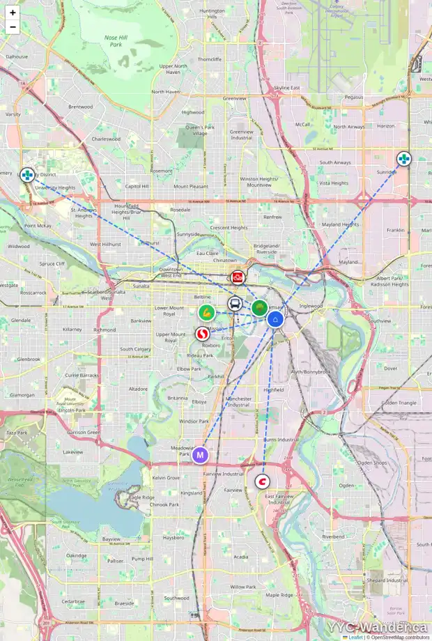 Daily accessibility map for 830 21 AV SE, Calgary showing nearby schools, grocery stores, parks, LRT stations and nearby amenities