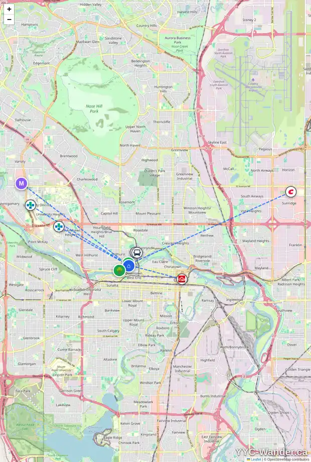 Daily accessibility map for 1204 MEMORIAL DR NW, Calgary showing nearby schools, grocery stores, parks, LRT stations and nearby amenities