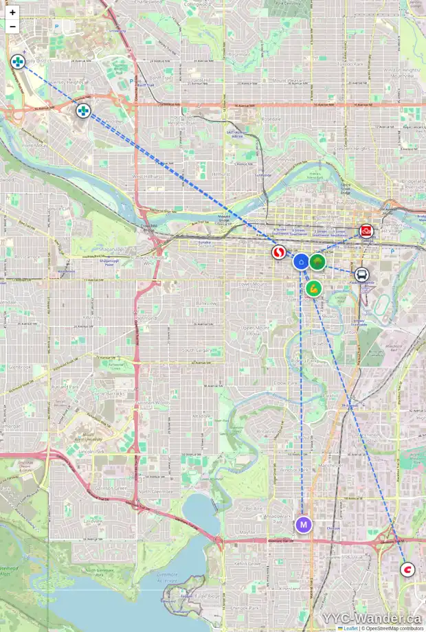 Daily accessibility map for 1215 5 ST SW, Calgary showing nearby schools, grocery stores, parks, LRT stations and nearby amenities