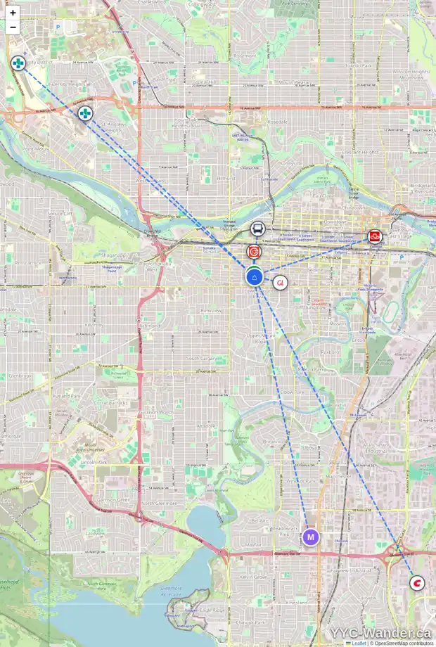 Daily accessibility map for 304 1140 15 AV SW, Calgary showing nearby schools, grocery stores, parks, LRT stations and nearby amenities
