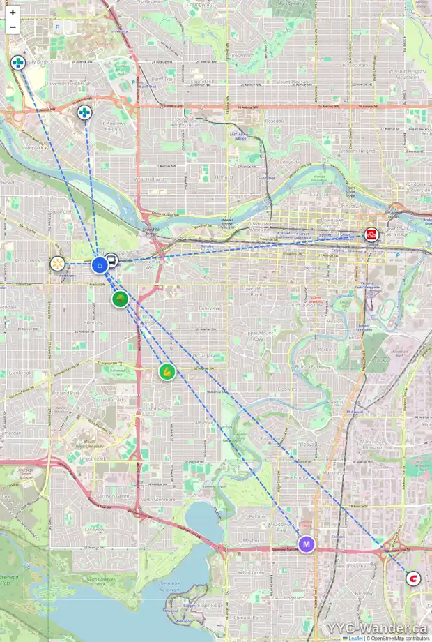 Daily accessibility map for 1407 28 ST SW, Calgary showing nearby schools, grocery stores, parks, LRT stations and nearby amenities
