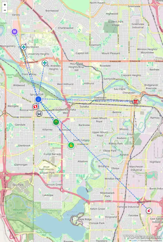 Daily accessibility map for 4 TAMARAC CR SW, Calgary showing nearby schools, grocery stores, parks, LRT stations and nearby amenities