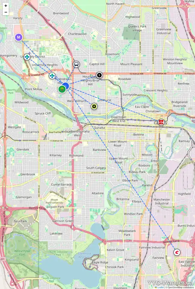 Daily accessibility map for 2623 12 AV NW, Calgary showing nearby schools, grocery stores, parks, LRT stations and nearby amenities