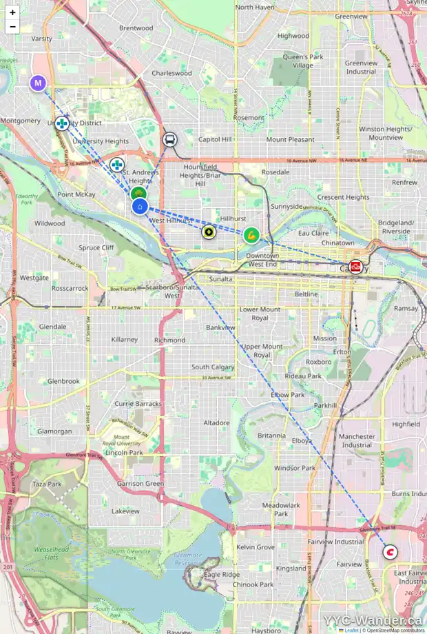 Daily accessibility map for 704 27 ST NW, Calgary showing nearby schools, grocery stores, parks, LRT stations and nearby amenities