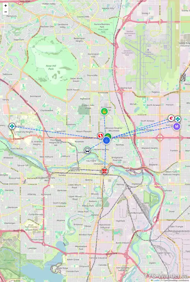 Daily accessibility map for 405 15 AV NE, Calgary showing nearby schools, grocery stores, parks, LRT stations and nearby amenities