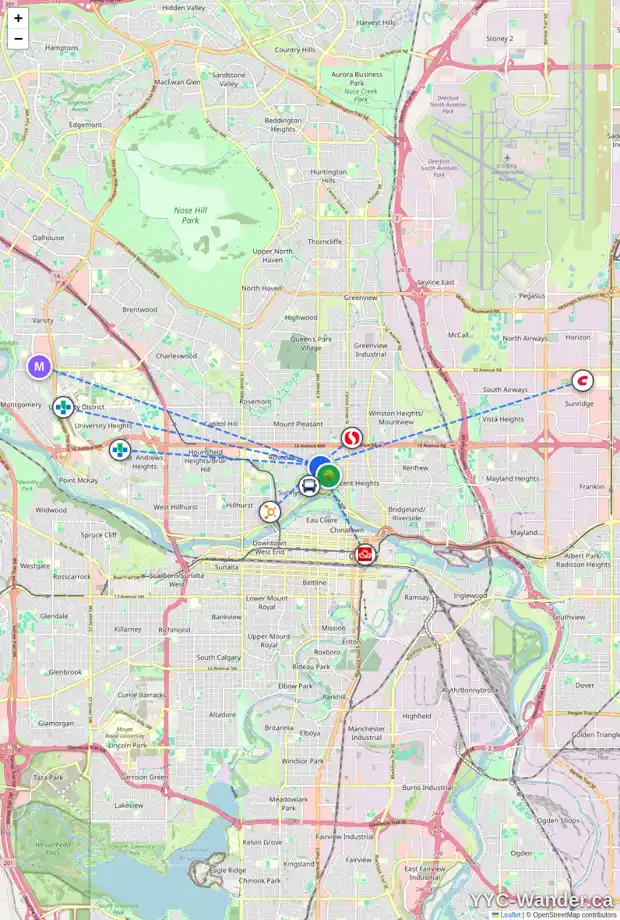 Daily accessibility map for 1210 4 ST NW, Calgary showing nearby schools, grocery stores, parks, LRT stations and nearby amenities