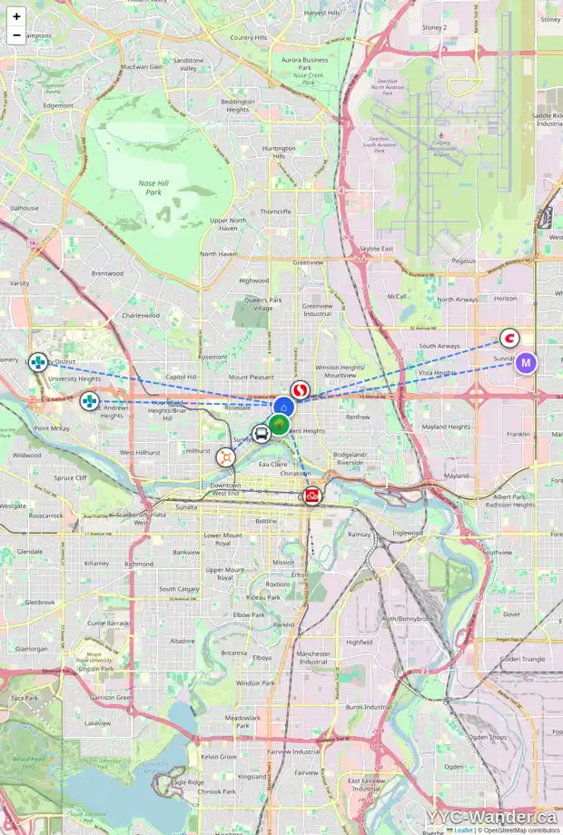 Daily accessibility map for 1418 2 ST NW, Calgary showing nearby schools, grocery stores, parks, LRT stations and nearby amenities