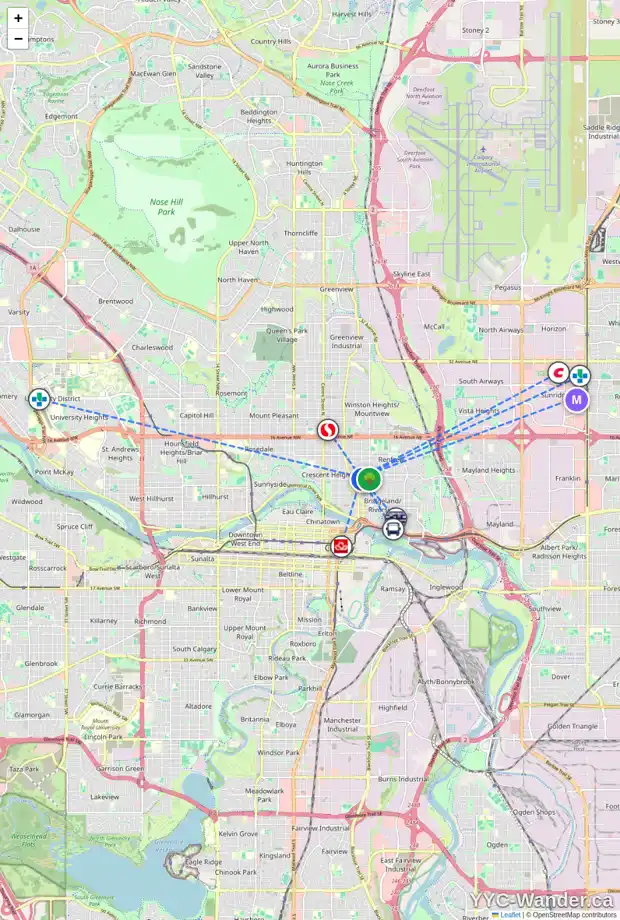 Daily accessibility map for 6 814 4A ST NE, Calgary showing nearby schools, grocery stores, parks, LRT stations and nearby amenities