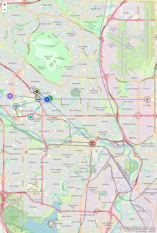 Daily accessibility map for 2831 CANMORE RD NW, Calgary showing nearby schools, grocery stores, parks, LRT stations and nearby amenities