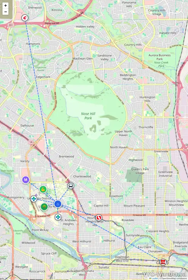 Daily accessibility map for 3119 UNDERHILL DR NW, Calgary showing nearby schools, grocery stores, parks, LRT stations and nearby amenities