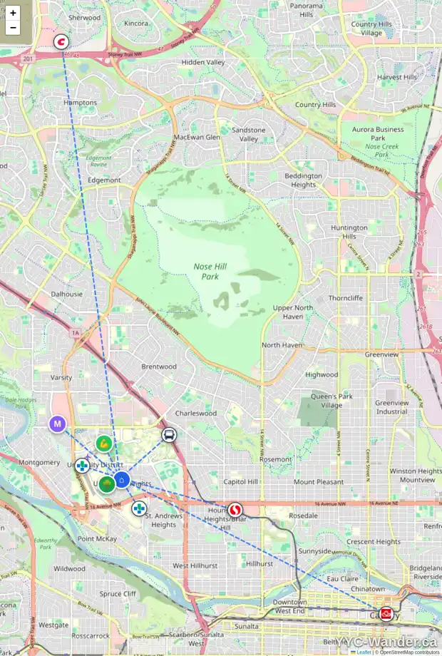 Daily accessibility map for 2328 UXBRIDGE DR NW, Calgary showing nearby schools, grocery stores, parks, LRT stations and nearby amenities