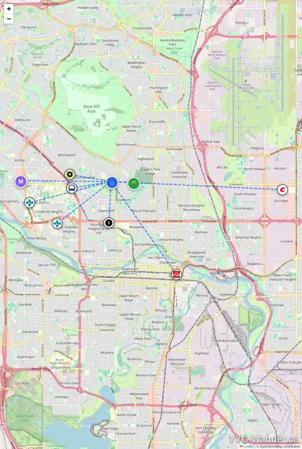 Daily accessibility map for 3331 CAROL DR NW, Calgary showing nearby schools, grocery stores, parks, LRT stations and nearby amenities
