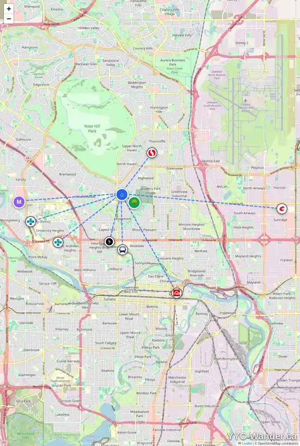 Daily accessibility map for 33 CADOGAN RD NW, Calgary showing nearby schools, grocery stores, parks, LRT stations and nearby amenities