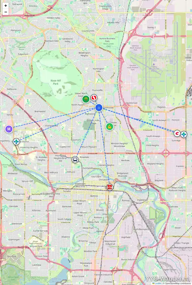 Daily accessibility map for 339 MCKNIGHT BV NW, Calgary showing nearby schools, grocery stores, parks, LRT stations and nearby amenities