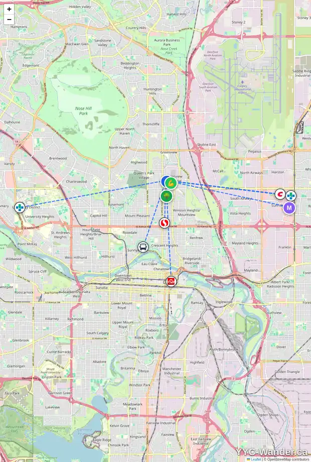 Daily accessibility map for 3615 1 ST NE, Calgary showing nearby schools, grocery stores, parks, LRT stations and nearby amenities