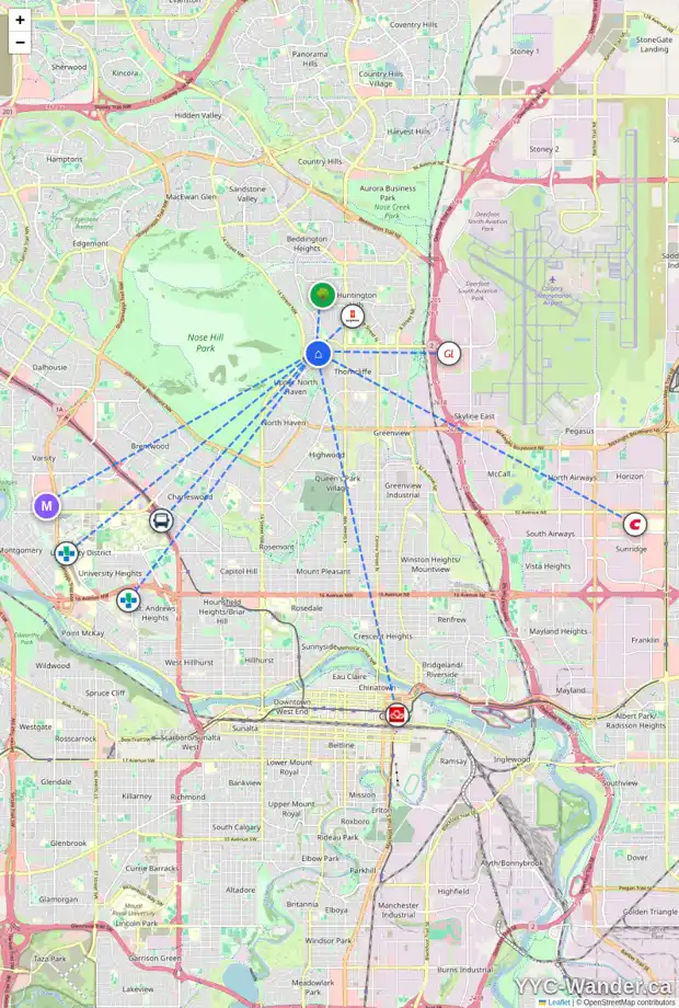 Daily accessibility map for 6523 HUNTSBAY RD NW, Calgary showing nearby schools, grocery stores, parks, LRT stations and nearby amenities