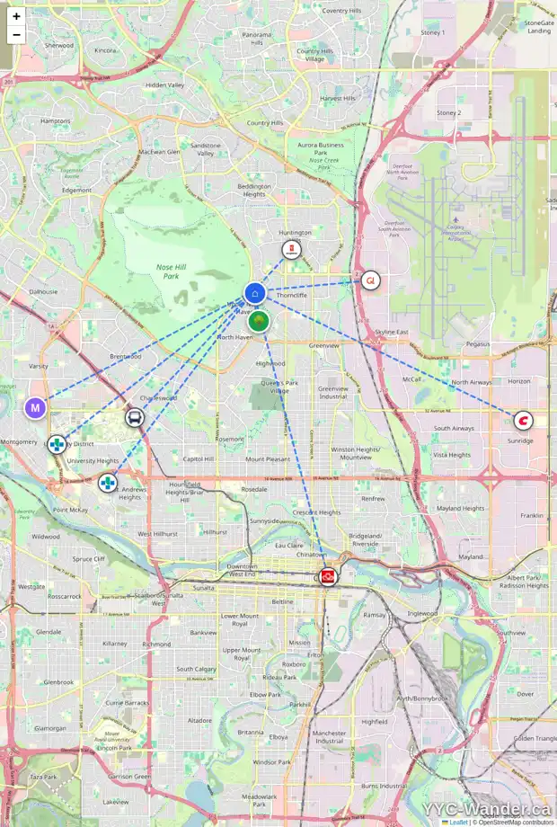 Daily accessibility map for 211 THEODORE PL NW, Calgary showing nearby schools, grocery stores, parks, LRT stations and nearby amenities