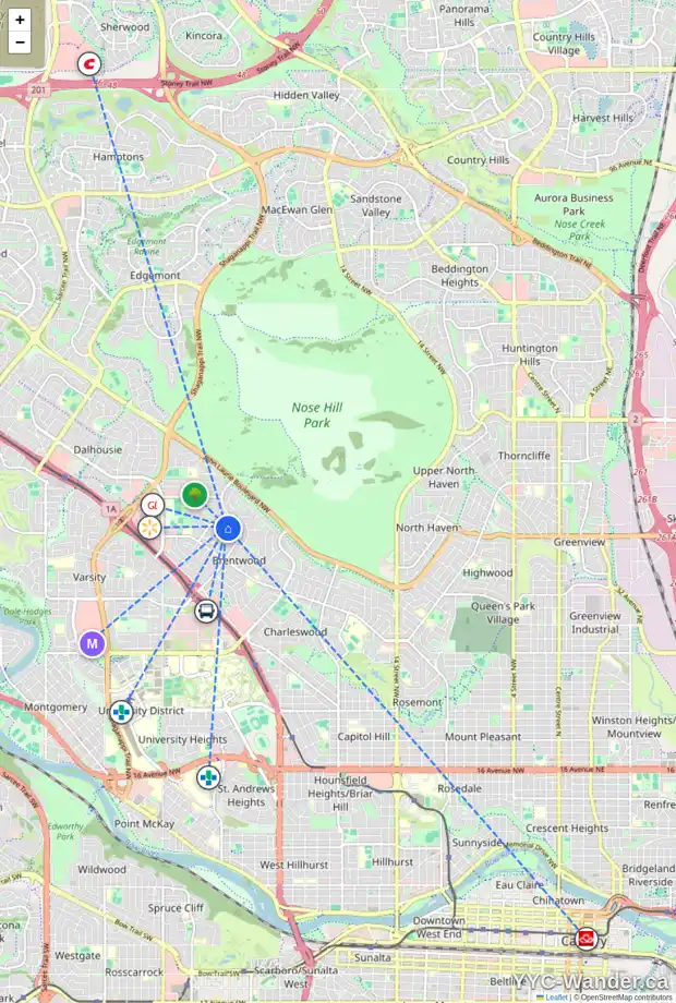 Daily accessibility map for 5023 BROCKINGTON RD NW, Calgary showing nearby schools, grocery stores, parks, LRT stations and nearby amenities