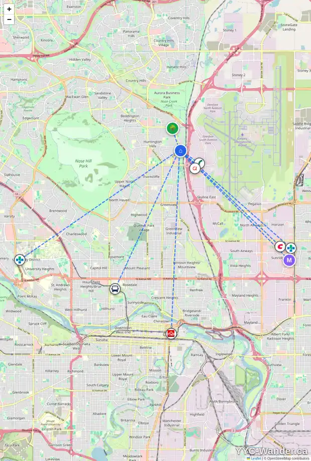 Daily accessibility map for 175 HUNTERHORN DR NE, Calgary showing nearby schools, grocery stores, parks, LRT stations and nearby amenities