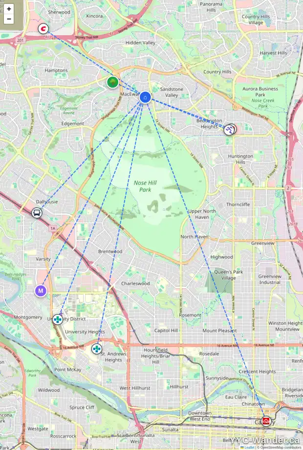 Daily accessibility map for 16 MACEWAN PARK LI NW, Calgary showing nearby schools, grocery stores, parks, LRT stations and nearby amenities