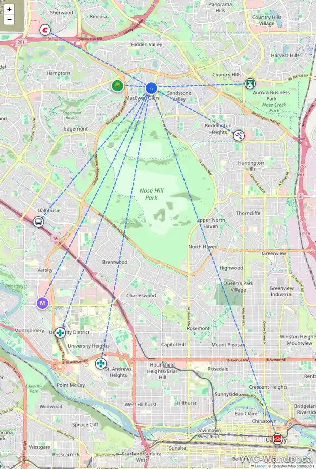 Daily accessibility map for 644 MACEWAN DR NW, Calgary showing nearby schools, grocery stores, parks, LRT stations and nearby amenities
