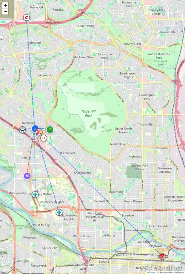 Daily accessibility map for 5824 DALGETTY DR NW, Calgary showing nearby schools, grocery stores, parks, LRT stations and nearby amenities
