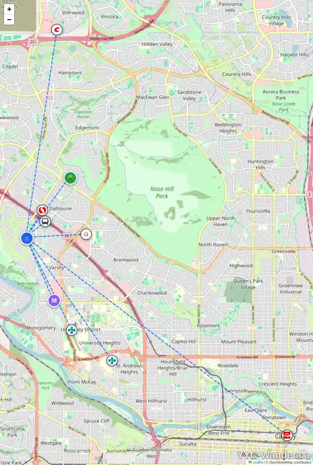 Daily accessibility map for 1205 VARSITY ESTATES RD NW, Calgary showing nearby schools, grocery stores, parks, LRT stations and nearby amenities
