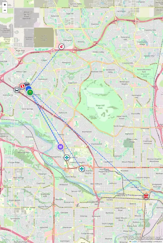 Daily accessibility map for 119 RANGE WY NW, Calgary showing nearby schools, grocery stores, parks, LRT stations and nearby amenities