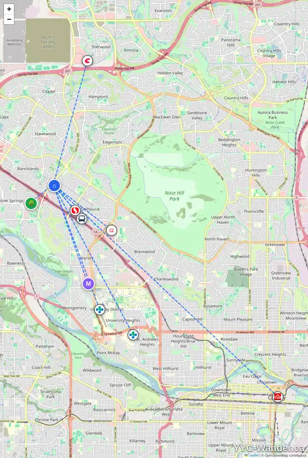 Daily accessibility map for 103 DALCASTLE WY NW, Calgary showing nearby schools, grocery stores, parks, LRT stations and nearby amenities